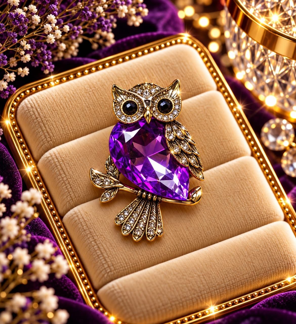 Sparkling Purple Owl Brooch with Gold-Tone Accents