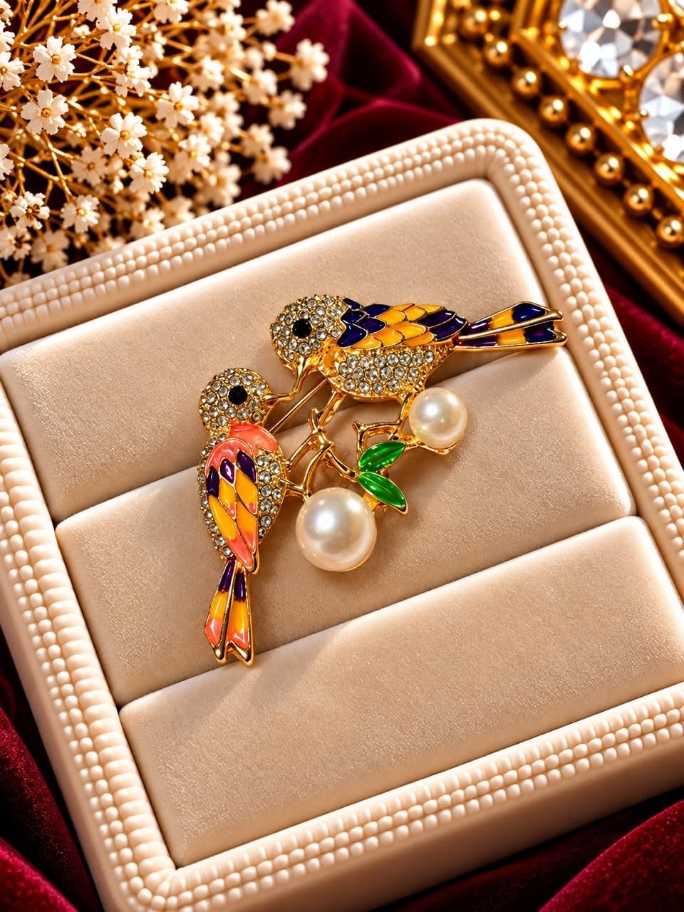 Colorful Pair of Birds Brooch with Pearls and Sparkling Accents